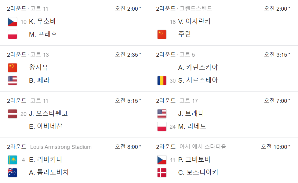 US 오픈 테니스 남녀단식 2라운드 일정 및 대진표