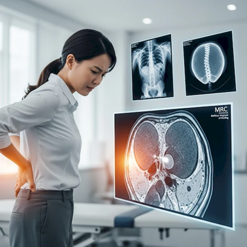 갑작스러운 허리 통증으로 고통스러워하는 한국 여성이 병원에서 X-ray, CT, MRI 검사 결과 앞에서 디스크 진단에 대한 설명을 듣는 모습.