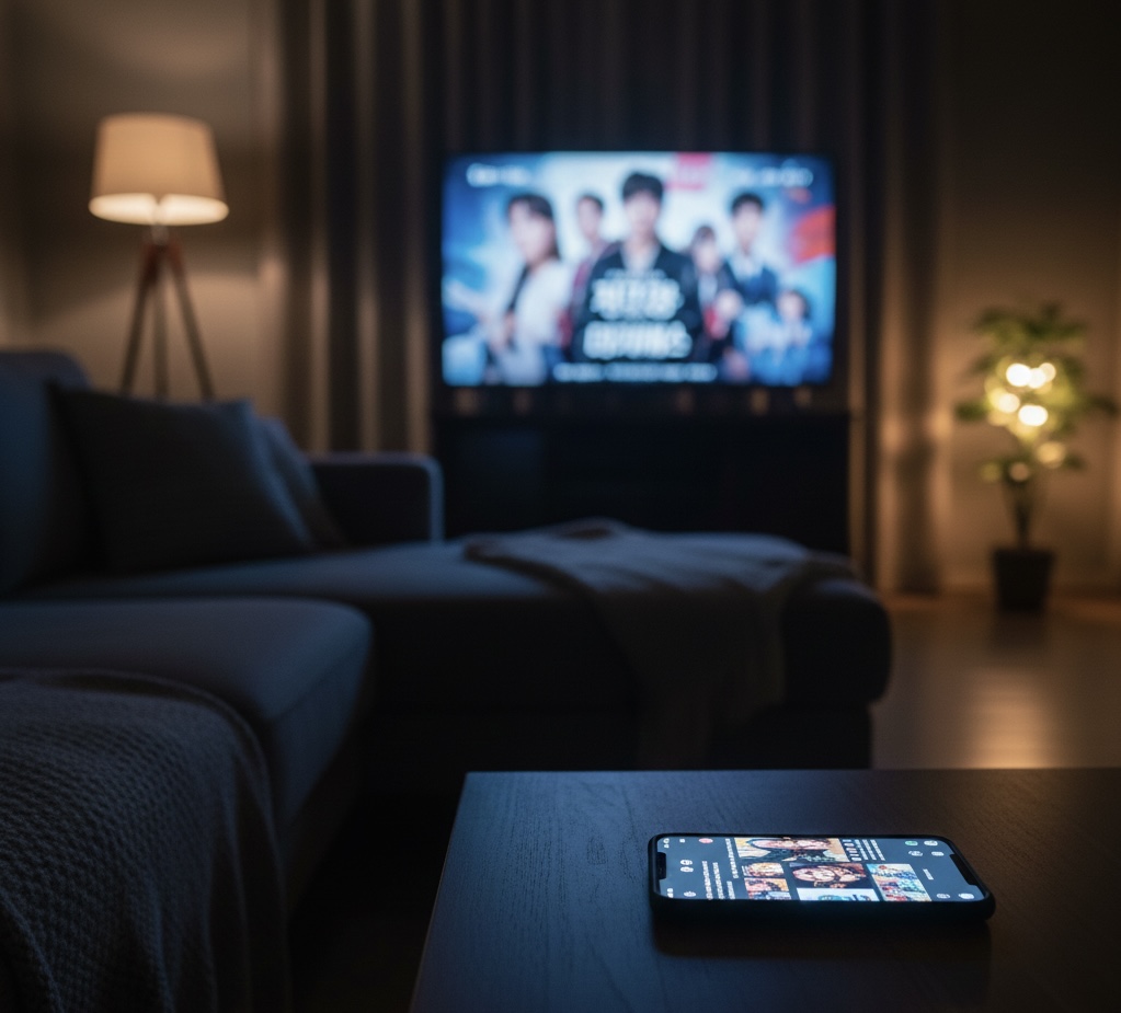 화제가 된 드라마가 화면에 보이지만 시청하지 않은 채 조용히 놓인 거실 풍경