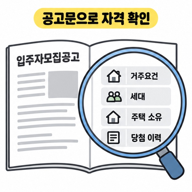 입주자모집공고의 거주요건, 세대, 주택 소유, 당첨 이력 항목을 돋보기로 확대해 확인하는 그림