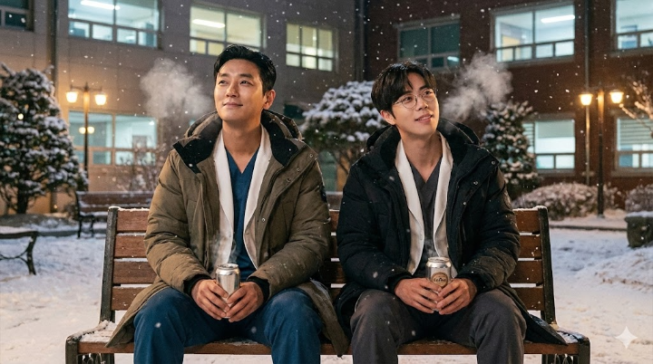 눈 내리는 병원 벤치에 앉아 캔커피를 쥐고 있는 백강혁과 양재원, 입김이 피어오르는 따뜻하고 여운 있는 투샷