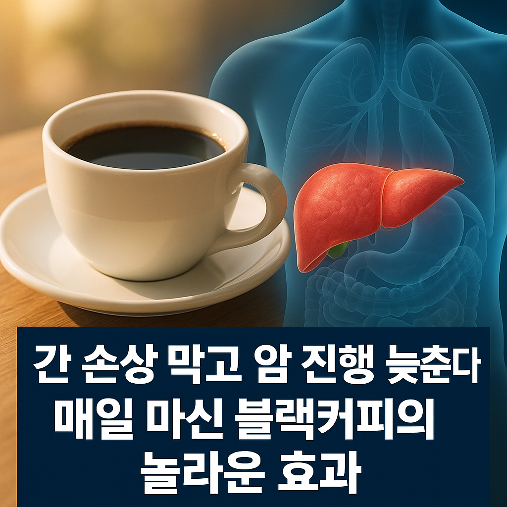 “따뜻한 햇살 아래 테이블 위에 놓인 블랙커피 한 잔 — 배경에는 인체의 간(肝) 그래픽이 투명하게 겹쳐져 있고, 붉은색과 초록색 대비 텍스트 ‘간 손상 막고 암 진행 늦춘다’가 들어간 건강 기사 썸네일 이미지.”