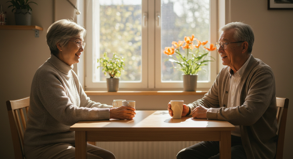 노부부가 테이블에 앉아 서로 미소를 지으며 대화하는 장면