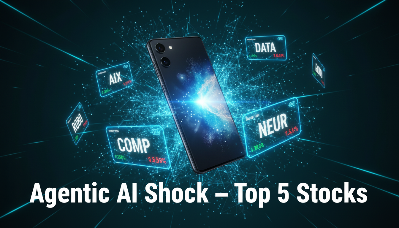 A dramatic tech blog thumbnail featuring a futuristic Samsung Galaxy S26 smartphone floating at the center, with a glowing blue agentic AI neural network radiating outward from the screen. Five glowing stock ticker cards orbit around the phone like satellites. Bold white text overlay reads Agentic AI Shock — Top 5 Stocks. Dark teal-to-black gradient background with neon cyan light streaks. High-contrast, cinematic editorial style, ultra HD.