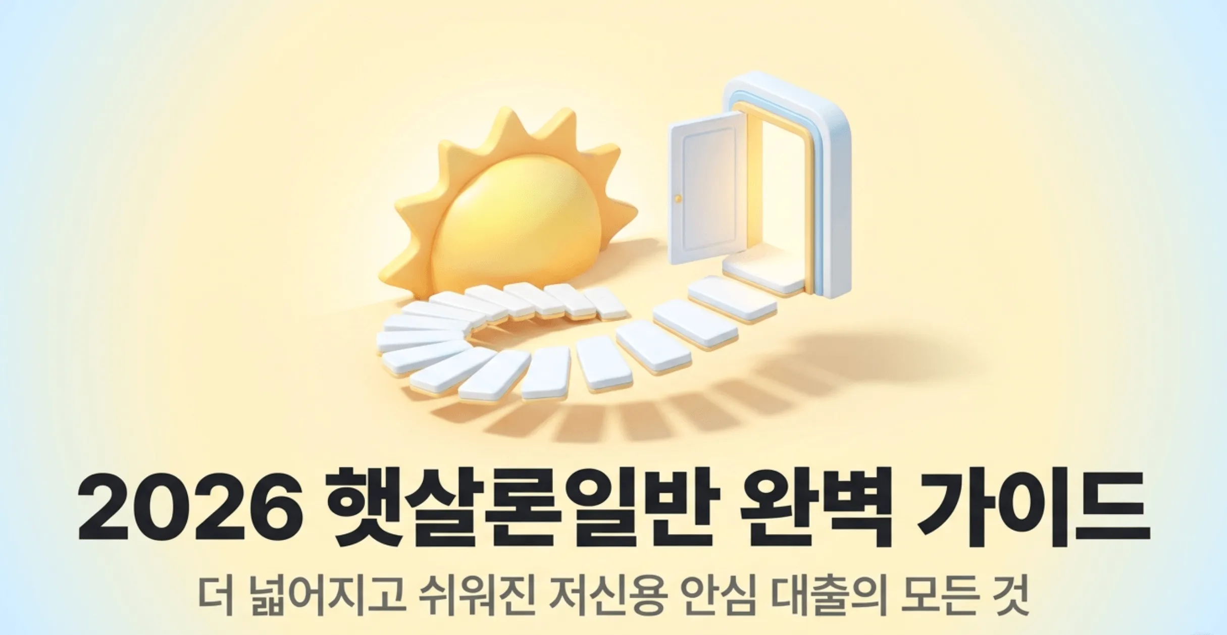 2026 햇살론일반 완벽 가이드라는 제목과 더 넓어지고 쉬워진 저신용 안심 대출의 모든 것이라는 부제가 적힌 대표 이미지. 햇살론뱅크가 햇살론일반으로 통합된 2026년 개편 후 자격 조건과 금리 및 보증료 구조 그리고 대출 한도와 신청 방법 및 부결 시 대안 상품까지 총정리한 블로그 글의 썸네일로 사용되며 저신용 대출을 찾는 분들에게 햇살론일반의 핵심 정보를 안내하는 콘텐츠임을 나타냄