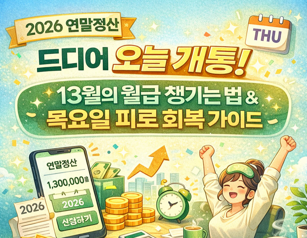 [2026 연말정산] 드디어 오늘 개통! 13월의 월급 챙기는 법 &amp; 목요일 피로 회복 가이드
2026 연말정산 간소화 서비스, 연말정산 하는 법, 13월의 월급, 국세청 홈택스, 목요일 피로 극복, 직장인 세액공제, 소득공제 꿀팁, 연말정산 서류, 목요일 점심 추천, 주말권 진입 루틴