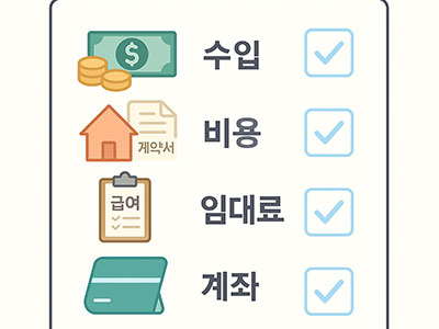 한국어로 된 준비물 체크리스트 일러스트. 수입&amp;#44; 비용&amp;#44; 임대료&amp;#44; 계좌 네 가지 항목이 각각 그림 아이콘과 함께 체크박스로 표시된 모습.
