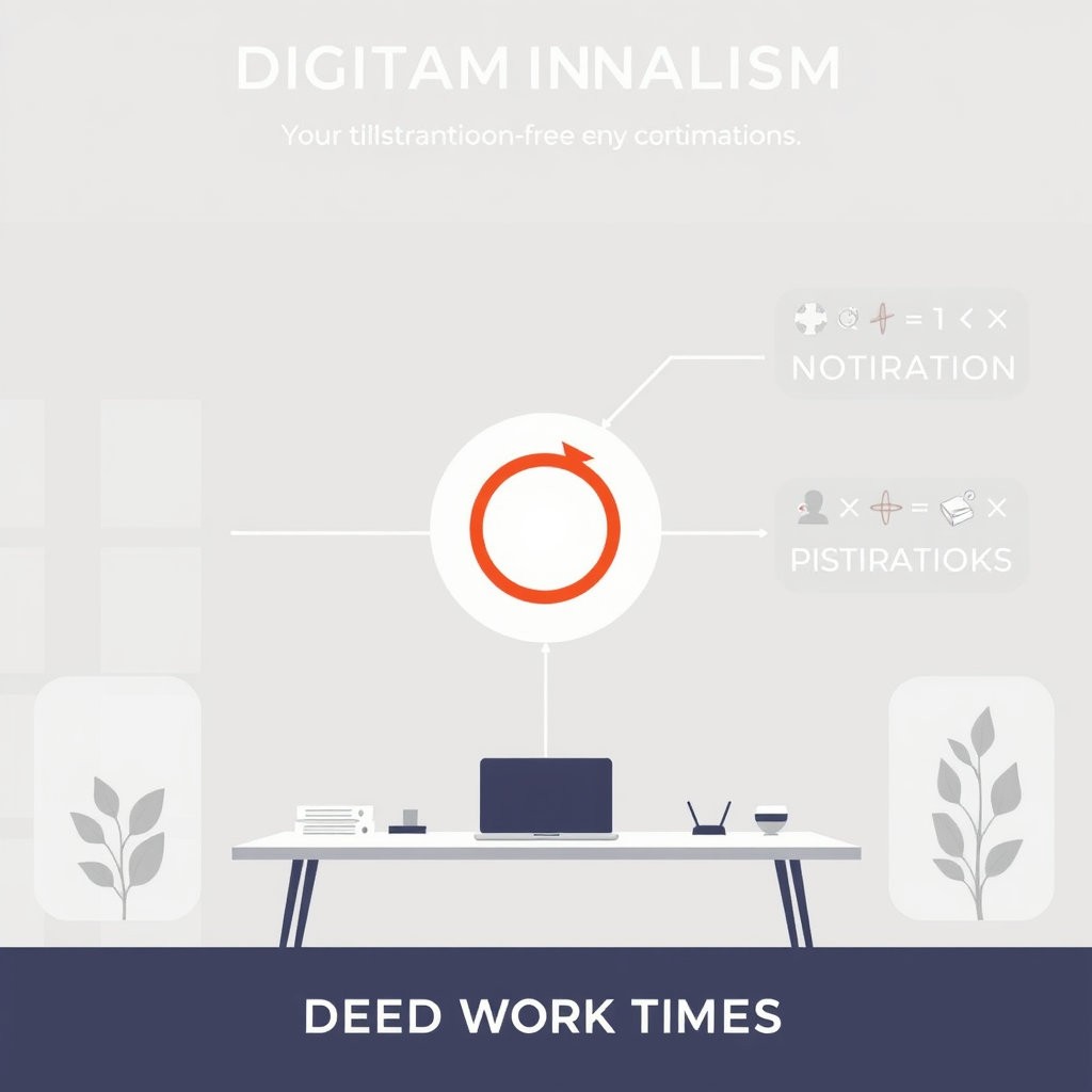 디지털 미니멀리즘 인포그래픽, 알림 비활성화 아이콘, 미니멀 홈 화면, 집중하는 책상, 딥워크 시간 블록, 차분한 톤의 벡터 일러스트