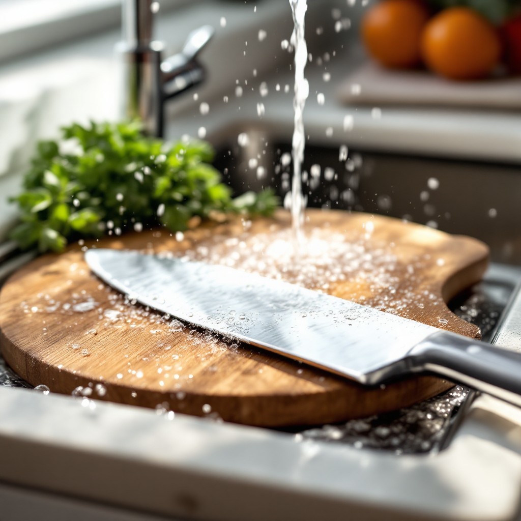 식중독 예방을 위해 사용 후 도마와 칼 등 주방 도구를 깨끗하게 세척하는 과정