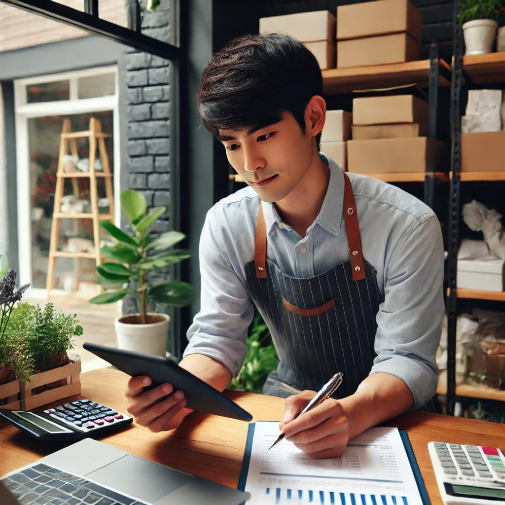 자영업자 - 자영업자가 가게에서 금융 서류를 검토하는 모습