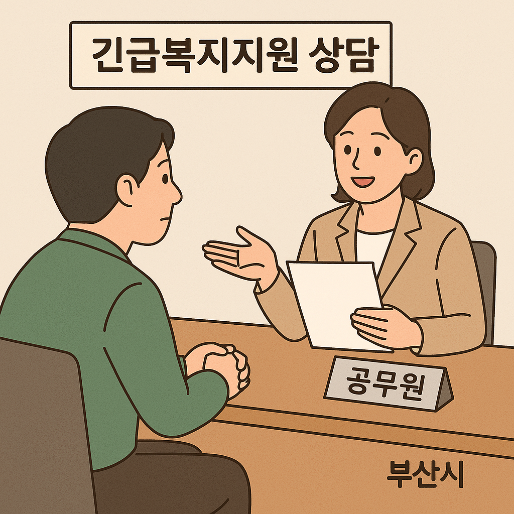 부산시 긴급복지지원을 상담받는 시민과 공무원의 모습 일러스트
