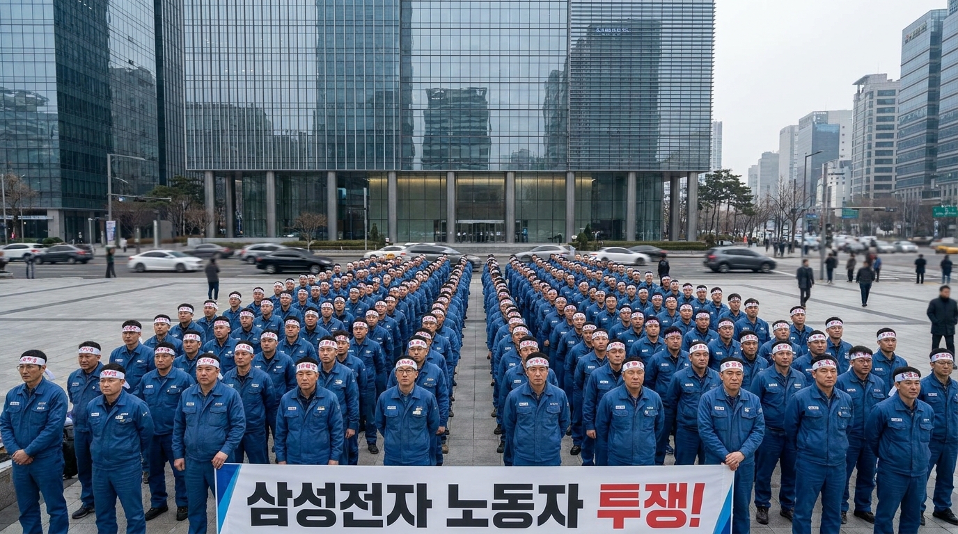 삼성전자 사옥 앞에서 집회를 열고 있는 노동조합원들의 모습