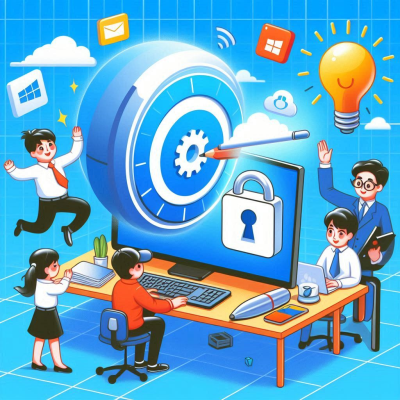 어린이와 직장인들이 보안 아이콘 앞에서 아이디어를 나누는 장면