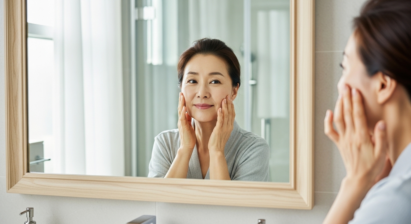 거울 앞에서 얼굴 피부를 만지는 중년 여성