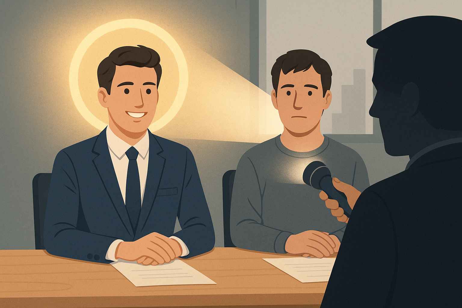 "헤일로 효과를 표현한 면접 장면, 한쪽 지원자에게만 후광이 비추는 상황"