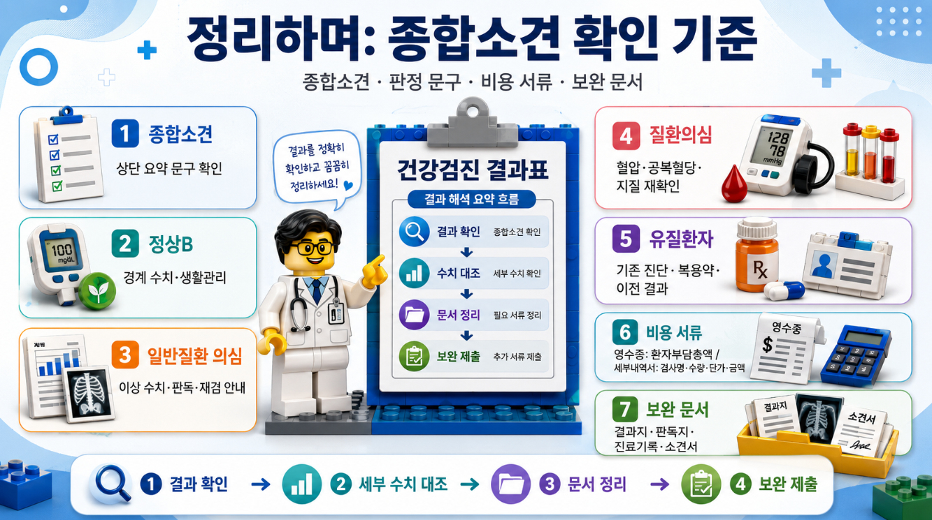 건강검진 종합소견 확인 기준을 정상B, 일반질환 의심, 질환의심, 유질환자, 비용 서류, 보완 문서로 요약한 레고 스타일 인포그래픽
