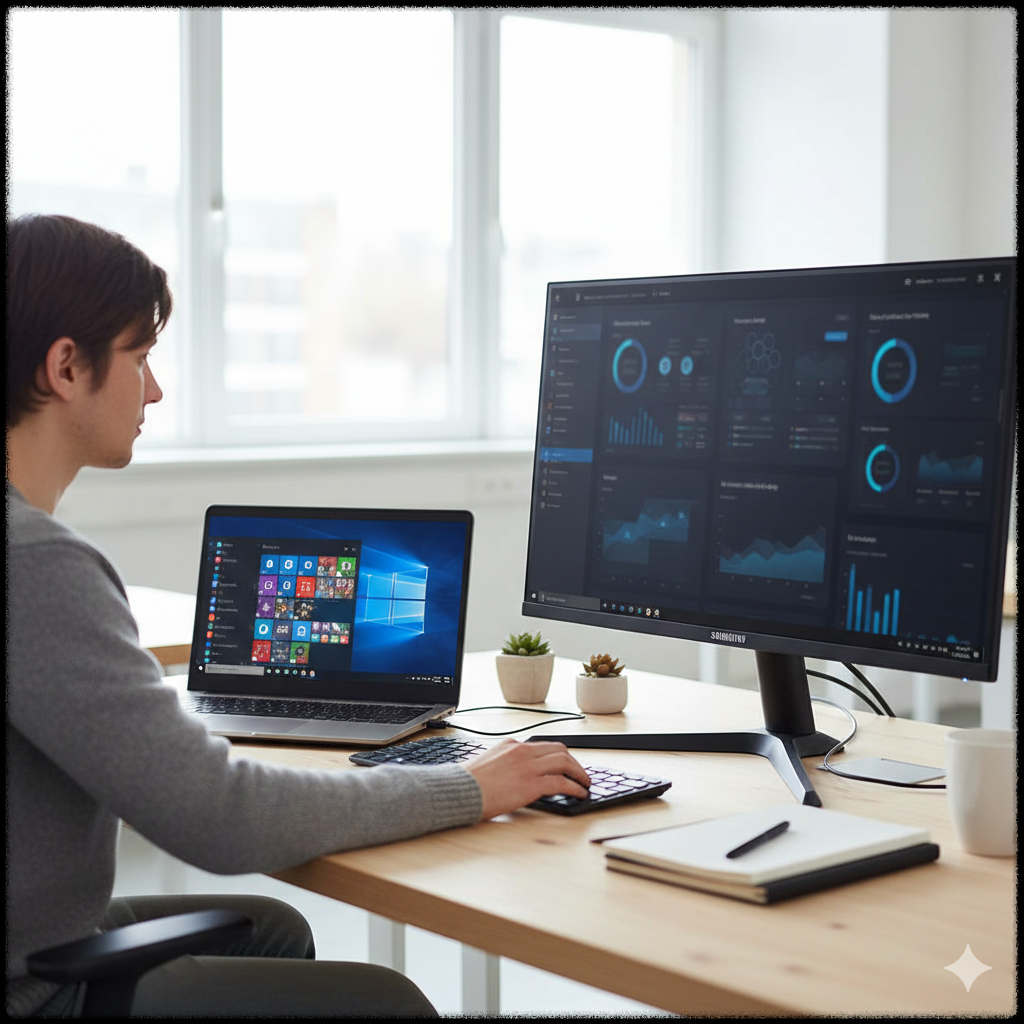 듀얼 모니터 설정이 최적화된 상태에서 작업 중인 노트북 모습