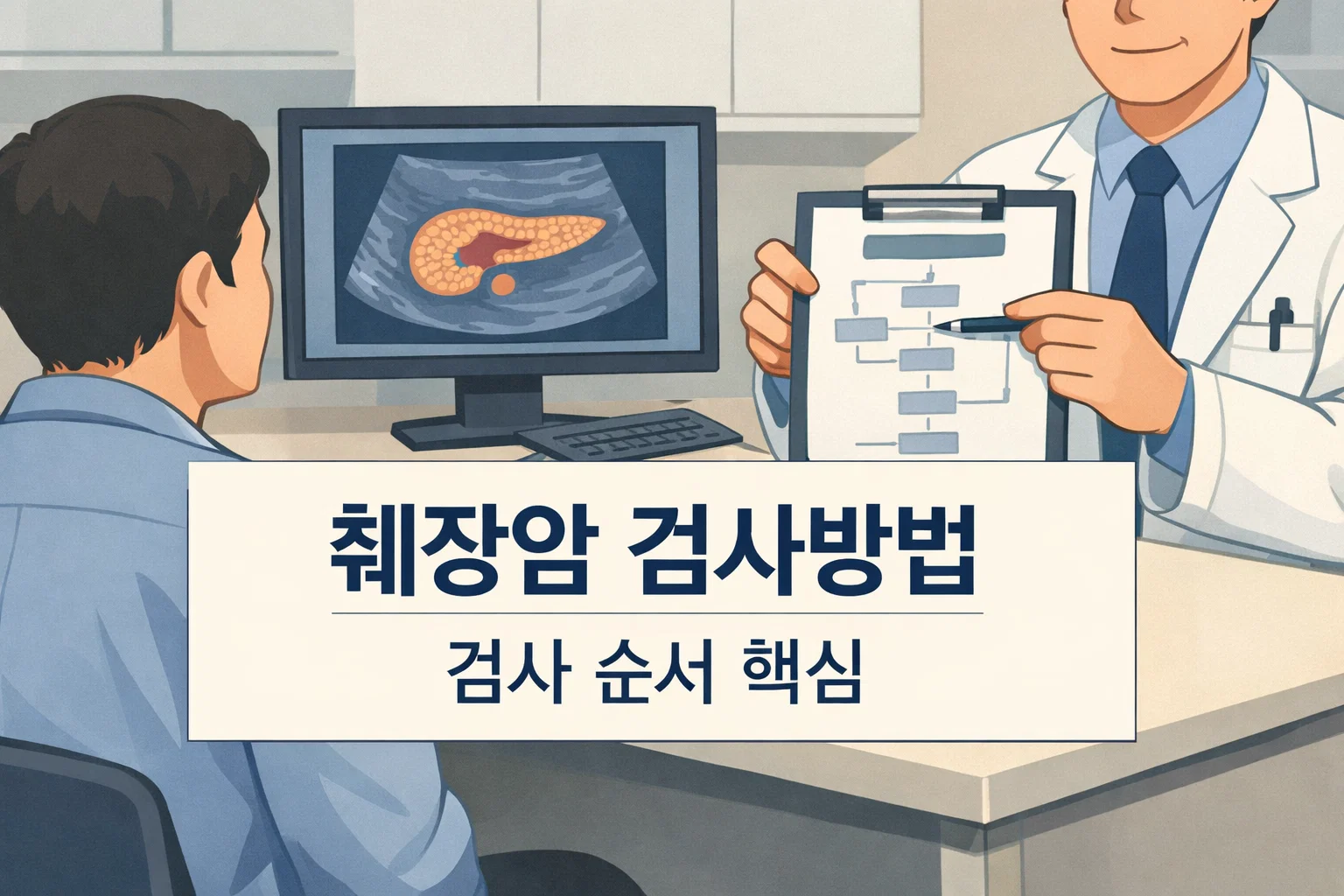 췌장암 검사방법을 이해할 때 진료실 설명 장면과 영상 확인 흐름을 통해 어떤 순서로 검사가 진행되는지 핵심 단계를 먼저 파악하도록 보여주는 썸네일 이미지