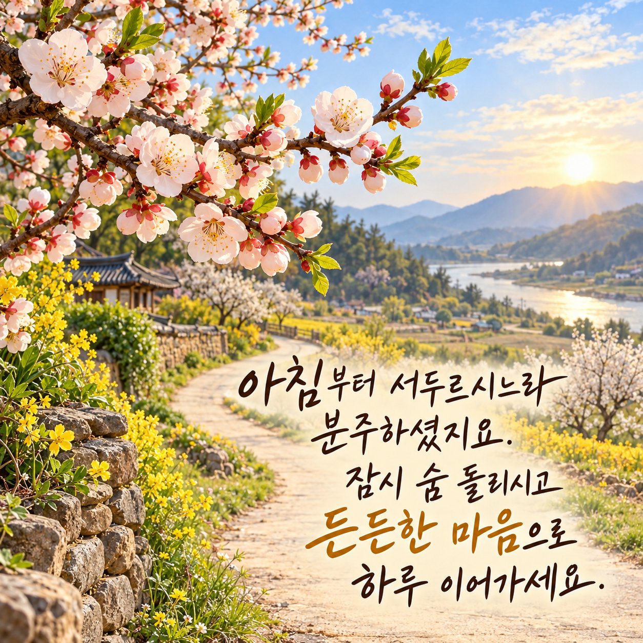 아침에 보내는 카톡 인사말 이미지 10 — 아침부터 서두르시느라 분주하셨지요. 잠시 숨 돌리시고 든든한 마음으로 하루 이어가세요.