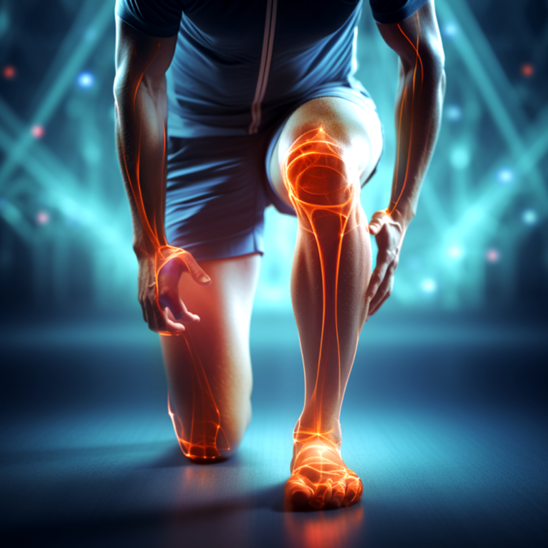 한 남자가 반 무릎을 꿇고 있다.