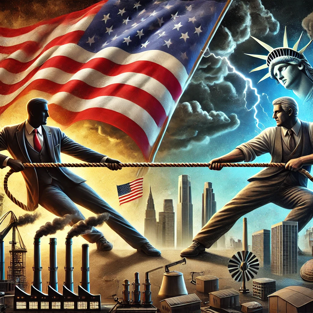서로 다른 이념을 대표하는 두 인물이 거대한 미국 국기를 사이에 두고 줄다리기를 하고 있으며, 한쪽은 경제 성장과 혁신으로, 다른 한쪽은 사회 복지와 규제로 끌어당기고 있습니다.