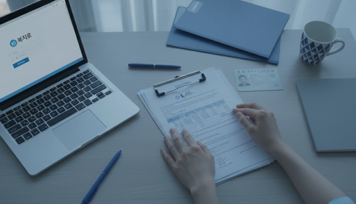 복지로 웹사이트가 열린 노트북과 함께 근로계약서, 통장 사본, 신분증 등 자활성공지원금 신청 서류들이 깔끔하게 정리된 책상. 신청 서류를 꼼꼼히 검토하는 손의 모습입니다.
