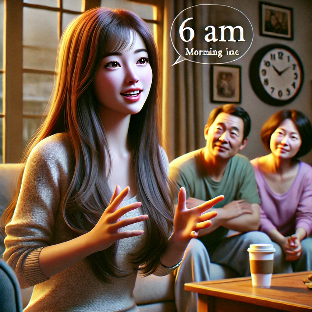 아침 루틴 만들기 가족들과 함께 하기 위해 설득하는 긴 생머리 여성