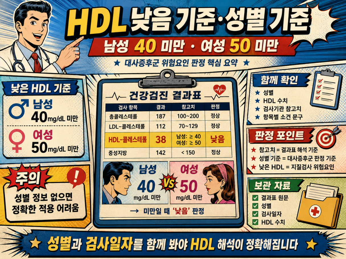 남성 40 미만, 여성 50 미만의 HDL 낮음 기준과 성별 기준을 설명한 레트로 만화풍 건강검진 인포그래픽