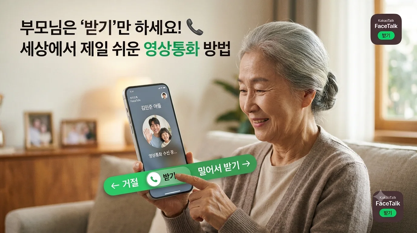 부모님이 카카오톡 영상통화 수신 화면에서 초록색 버튼을 눌러 쉽게 받는 모습을 보여주는 스마트폰과 미소 짓는 어르신