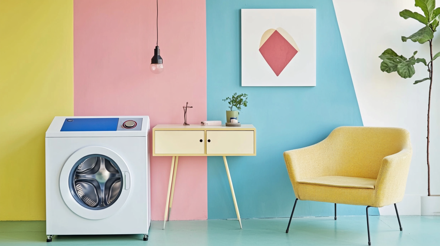 세련된 도시형 아파트에서 공간 절약형 일체형 세탁기 건조기가 설치된 모습, 밝고 통풍이 좋은 실내 인테리어.