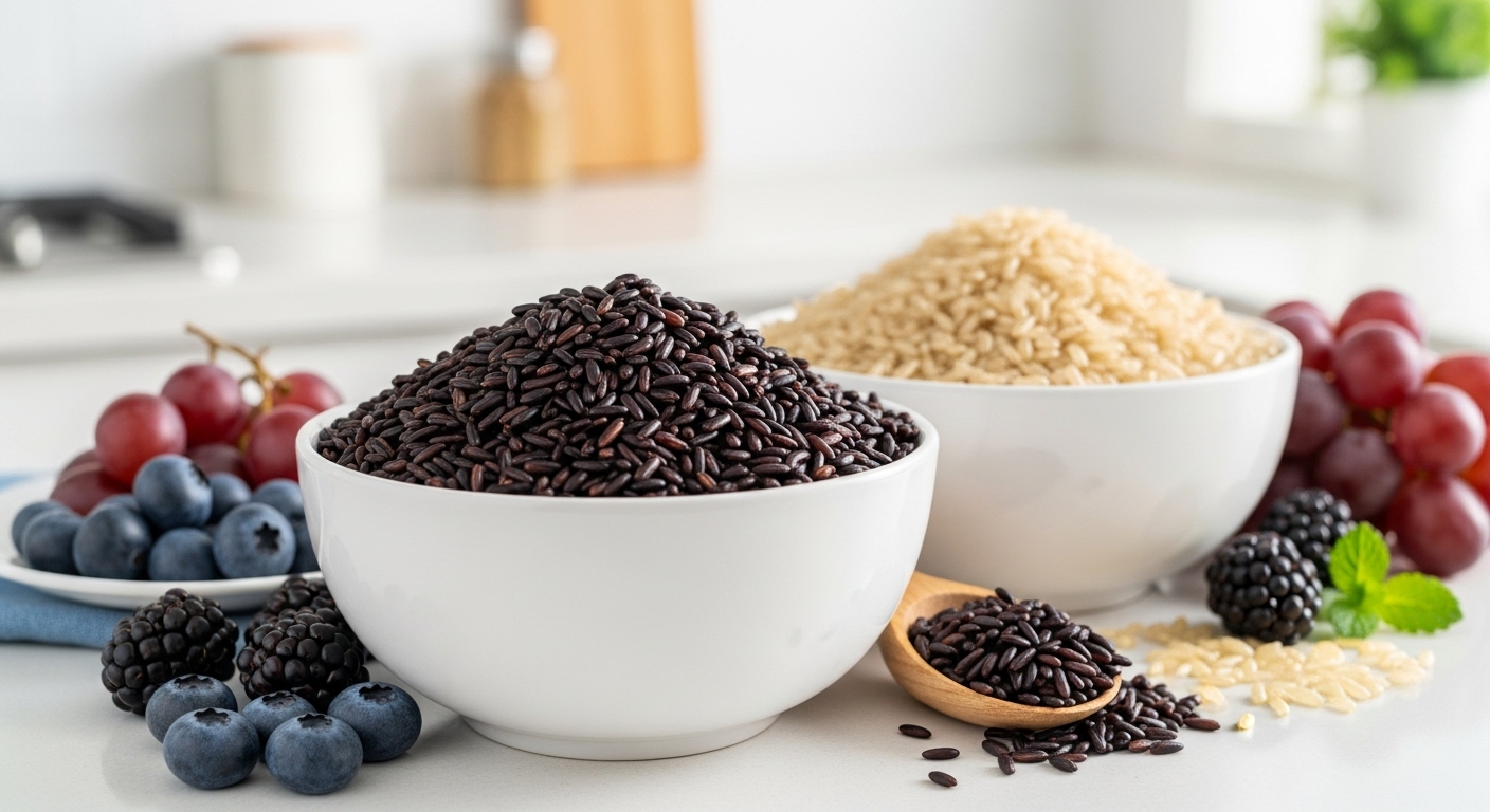 풍부한 색감의 검정찰현미와 일반 현미가 함께 놓여있고, 주변에 안토시아닌이 풍부한 베리류 과일들이 놓인 건강한 식탁.