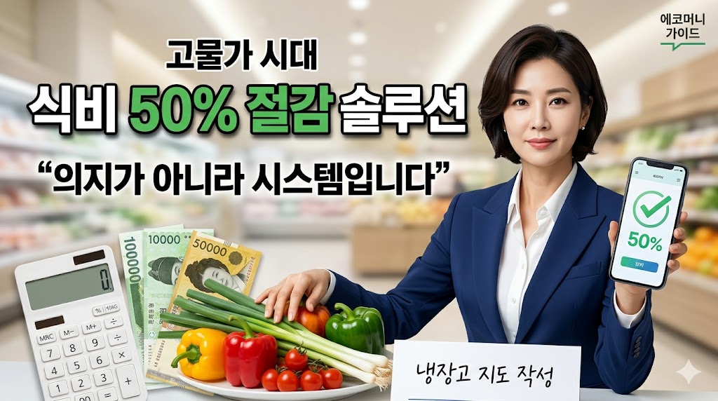 전문가의 인터뷰 장면과 신선한 식재료, '식비 50% 절감 솔루션' 텍스트가 조화된 카드뉴스 스타일 썸네일