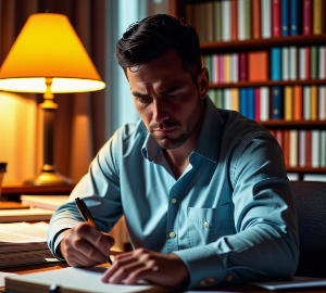 열심히 고민하고 있는 남자의 사진