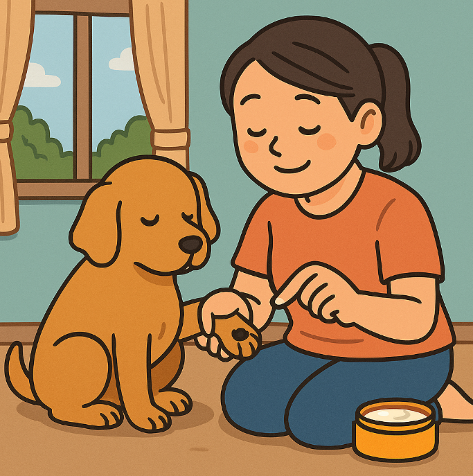 산책 후 발바닥 화상 방지를 위해 보습제 바르는 장면