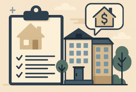 "공공임대 빈집 프로그램을 상징하는 일러스트, 체크리스트와 건물이 함께 표현된 모습"