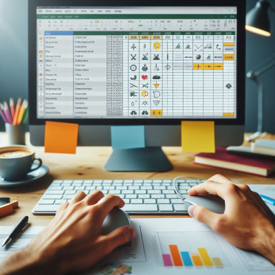 다양한 색상 스티커와 마우스, 키보드를 이용한 엑셀 화면입니다.