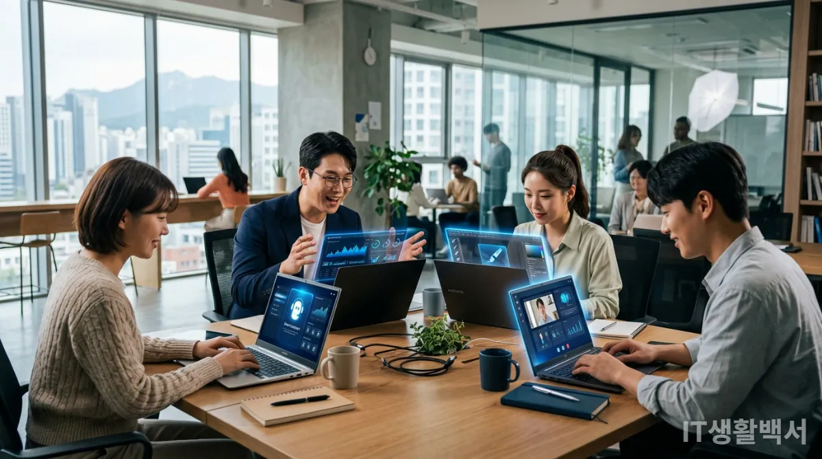 2026년 한국의 현대적인 코워킹 스페이스에서 AI PC를 활용하여 협업하는 한국인 전문가들