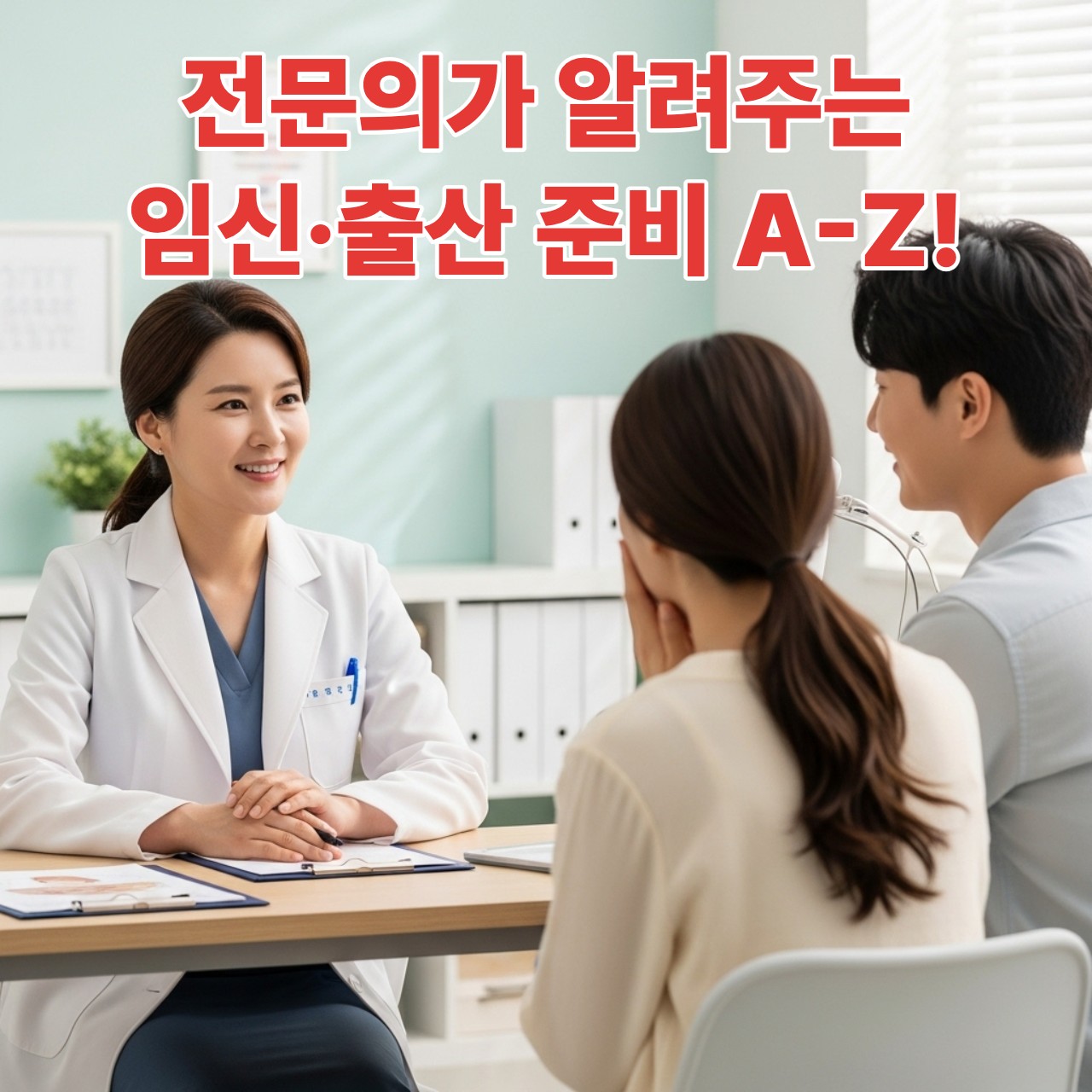 산부인과 전문의 김지혜 원장님이 예비 부모와 상담하며 임신 출산 준비에 대해 설명하는 모습.