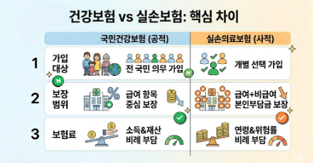 건강보험과 실손보험의 핵심 차이 비교 인포그래픽