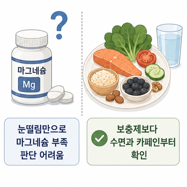 눈떨림 하나만으로 마그네슘 부족을 판단하기 어렵고 영양제보다 수면과 카페인, 눈의 피로를 먼저 확인하는 모습을 보여 주는 그림