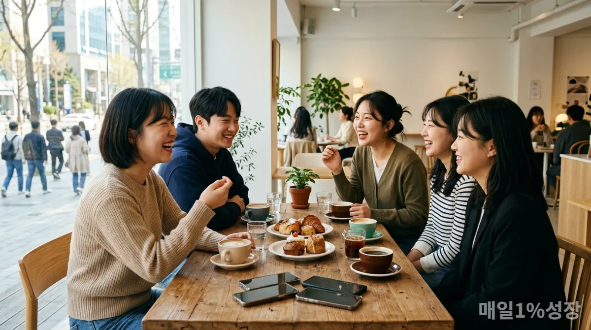카페에서 스마트폰 없이 대화하는 MZ세대 한국 청년들