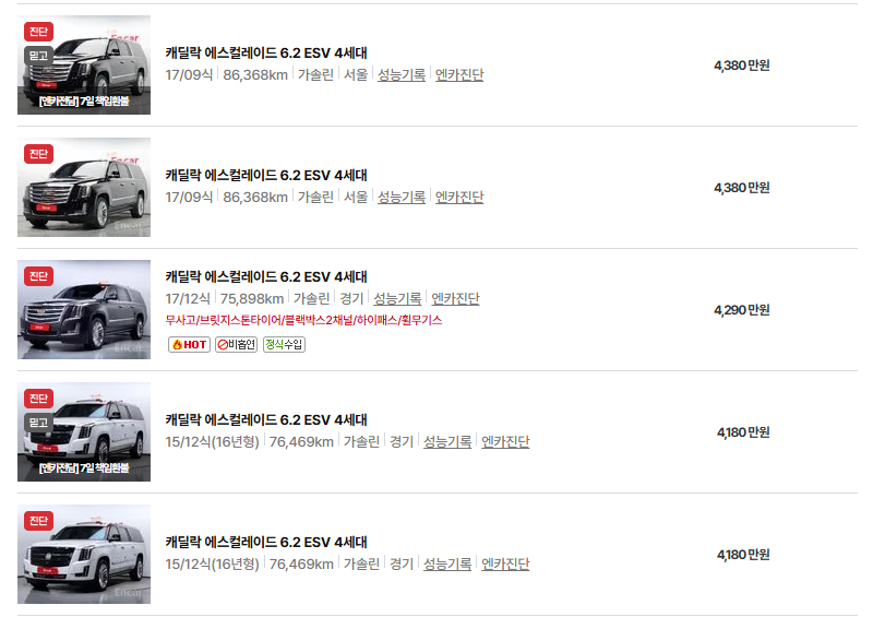 캐딜락 에스컬레이드 롱바디 중고차 가격 시세표 및 유지비