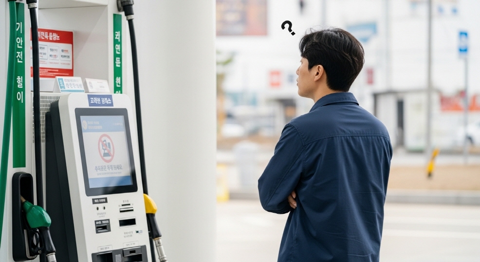 셀프 주유소에서 키오스크 앞 고민하는 남성