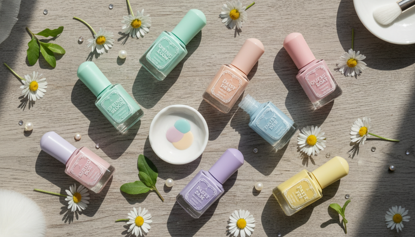 화장대 위에 가지런히 놓여 있는 예쁜 봄 컬러의 셀프 네일 폴리쉬 제품들