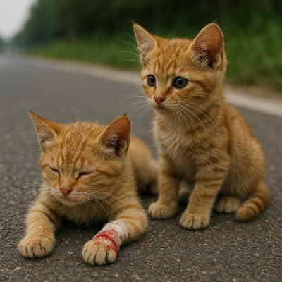 도로 갓길에 있는 두 마리 새끼 고양이, 한 마리는 부상당해 누워 있고 다른 한 마리는 걱정스럽게 지켜보는 모습
