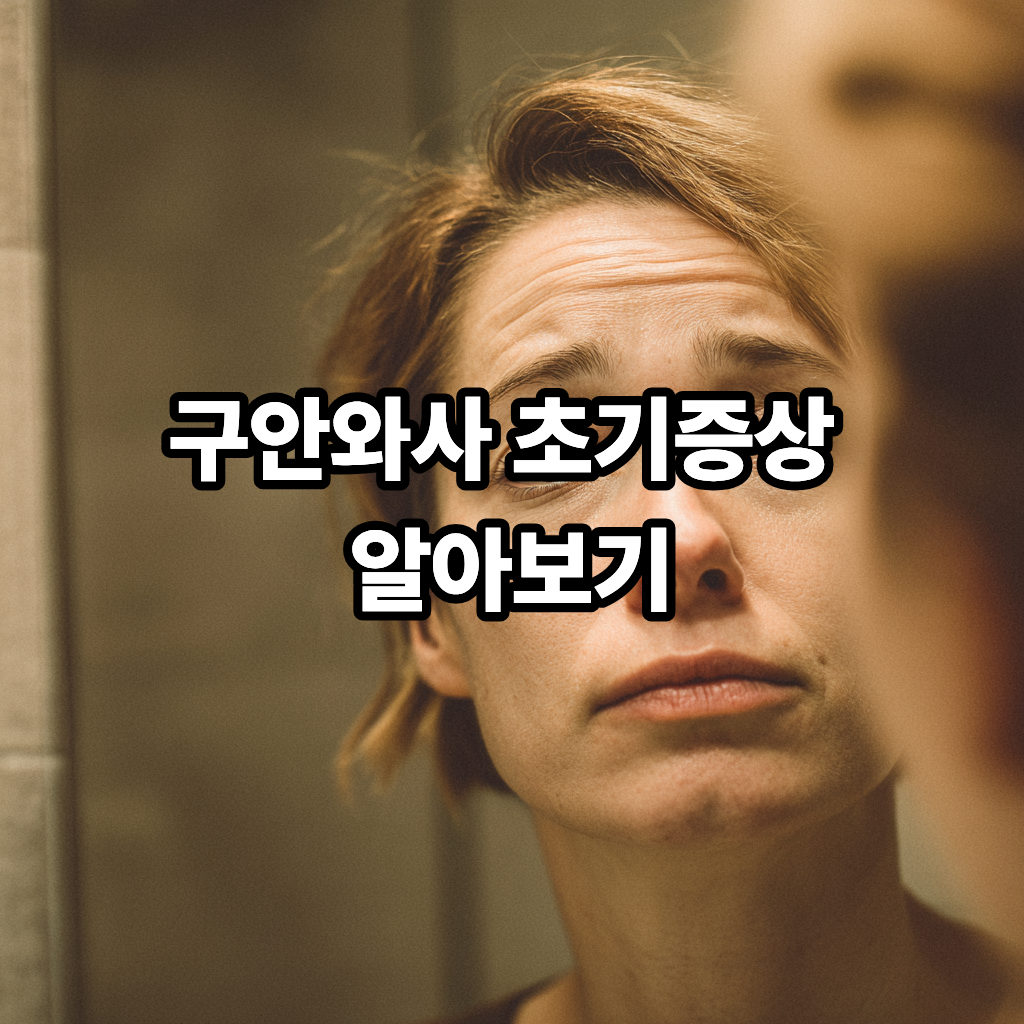 거울을 보며 얼굴 한쪽의 미세한 마비 증상을 확인하는 사람. 걱정스러운 표정이 잘 드러나며, 눈과 입 주변의 비대칭이 강조되어 있습니다.