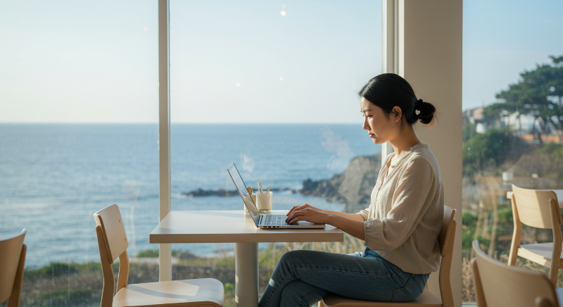 제주 바다뷰 카페에서 노트북으로 원격 근무하는 여성