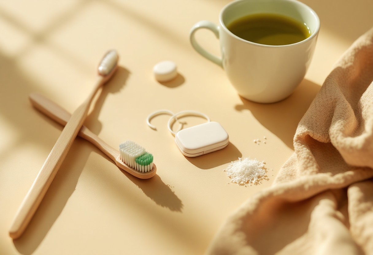 잇몸 건강 관리를 위해 녹차와 함께 칫솔, 치약 등 구강 위생 도구들을 사용하는 모습입니다.