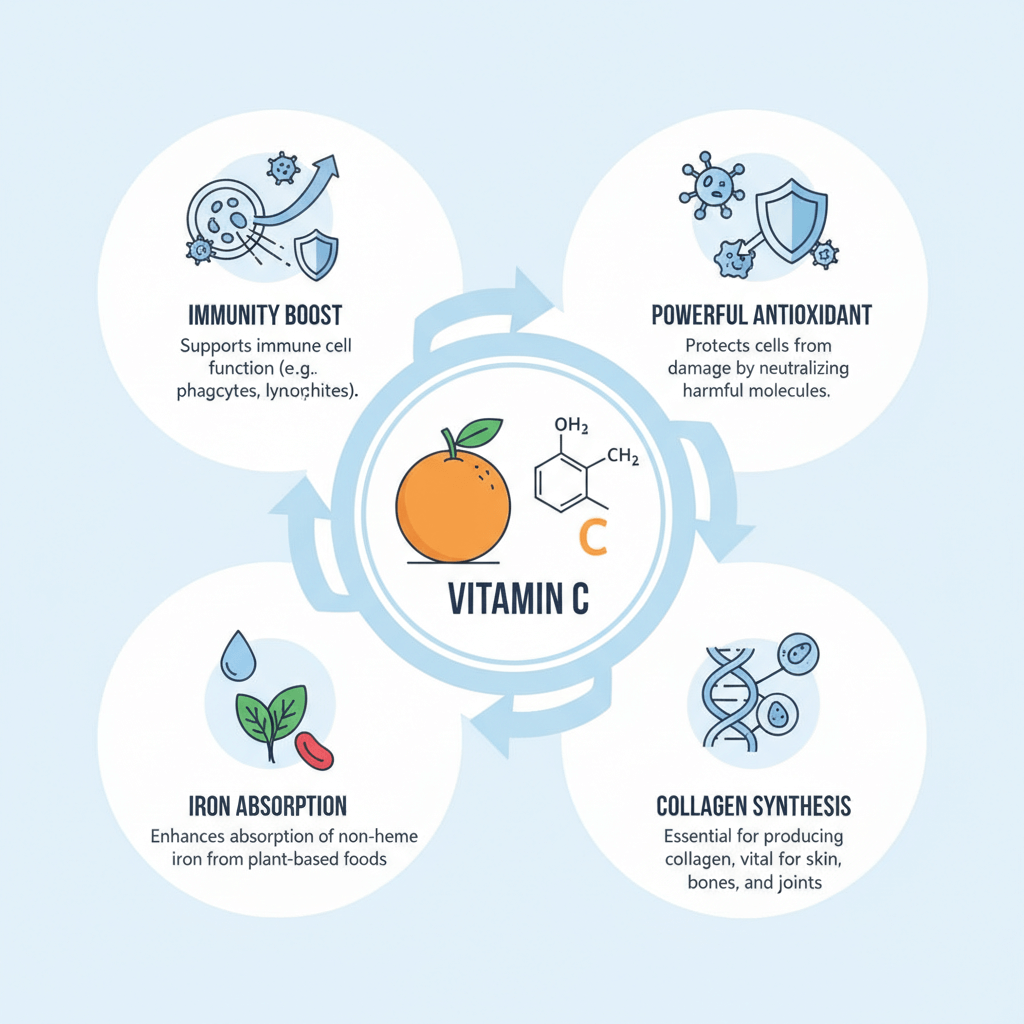 비타민 C가 면역력 강화, 항산화, 콜라겐 합성, 철분 흡수에 작용하는 과정을 그림과 화살표로 설명한 인포그래픽.