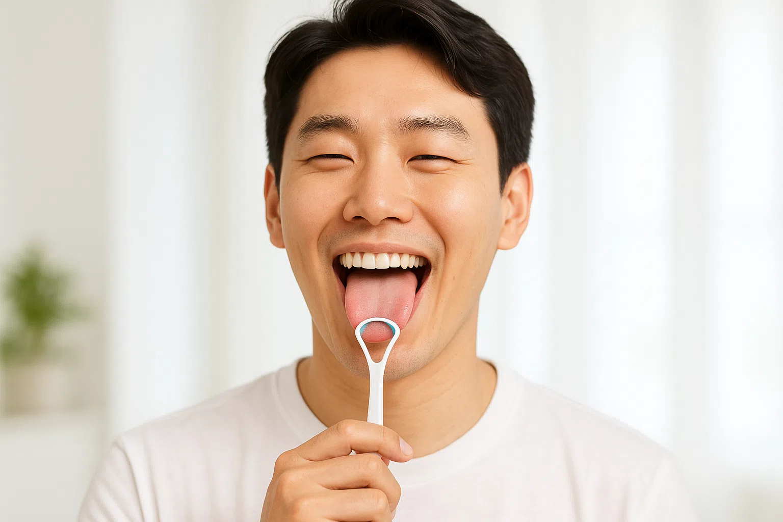 혀클리너로 관리한 뒤 깨끗한 혀를 자신 있게 보여주는 사람